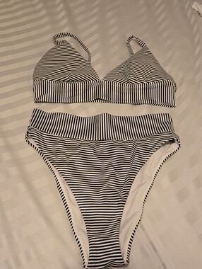 Aerie Black and White Striped Cheeky Bikini Set